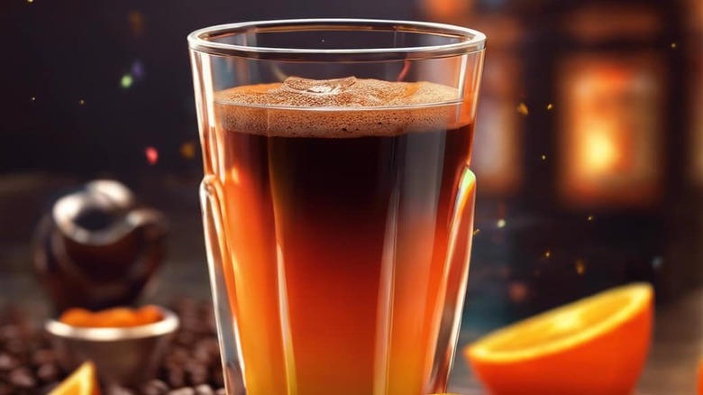 Tootsie Roll cocktail with a shot of Kahlúa and orange juice next to a halved orange