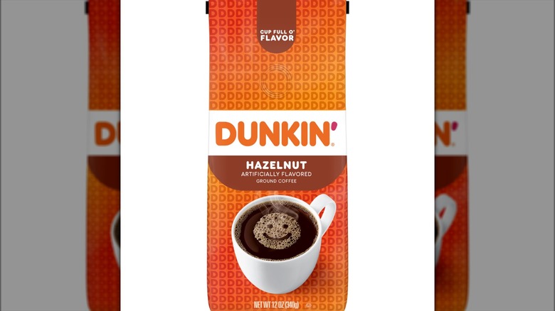 Dunkin' hazelnut coffee bag on white background