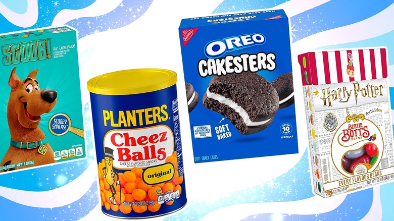 Four early 2000s snacks against a white and blue sparkly design in the background