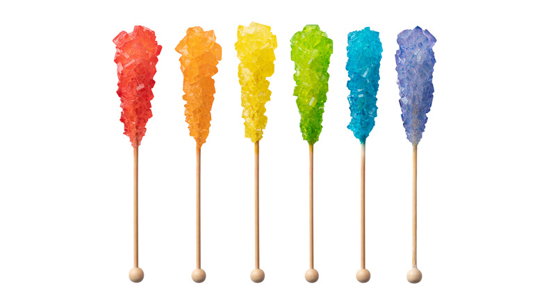 Rock candy in six different colors of the rainbow