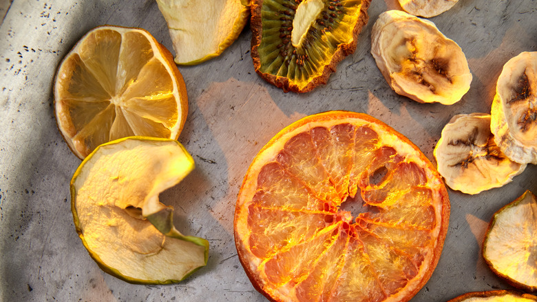 Dehydrated fruit on pan