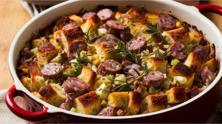 Sausage stuffing in casserole dish