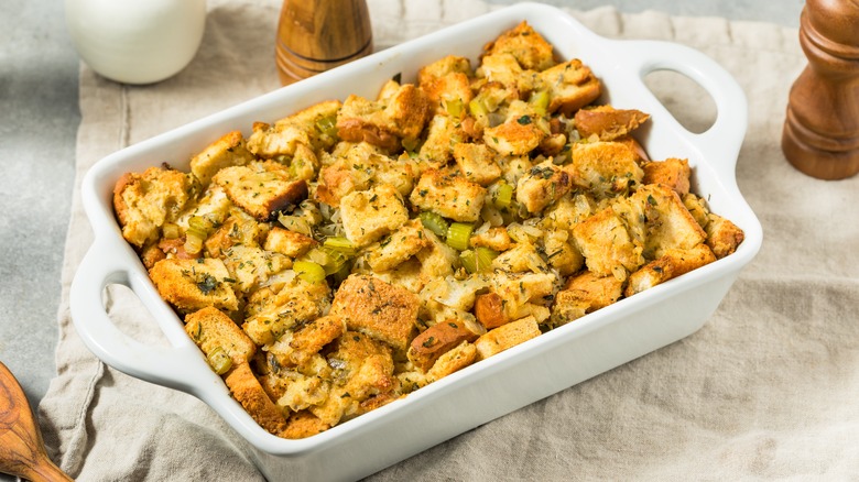 Homemade stuffing in white baking dish