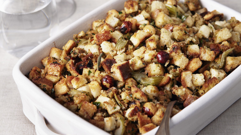 Baked stuffing in white oven dish