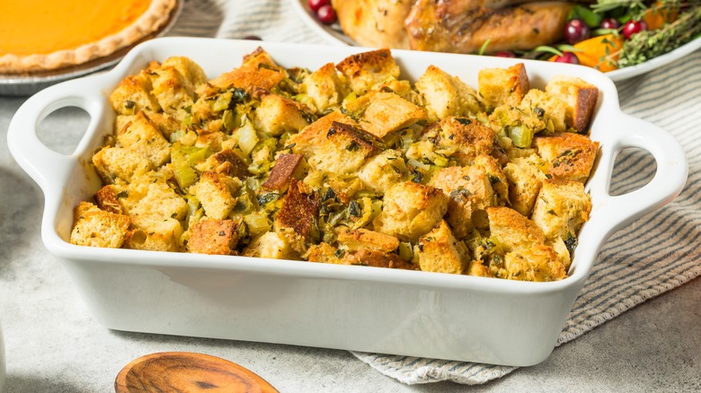 Dish of homemade stuffing on table