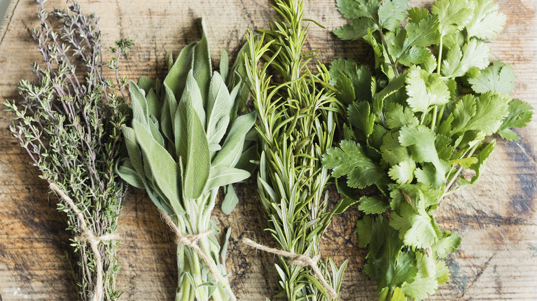 Bunches of fresh herbs on a wooden chopping board