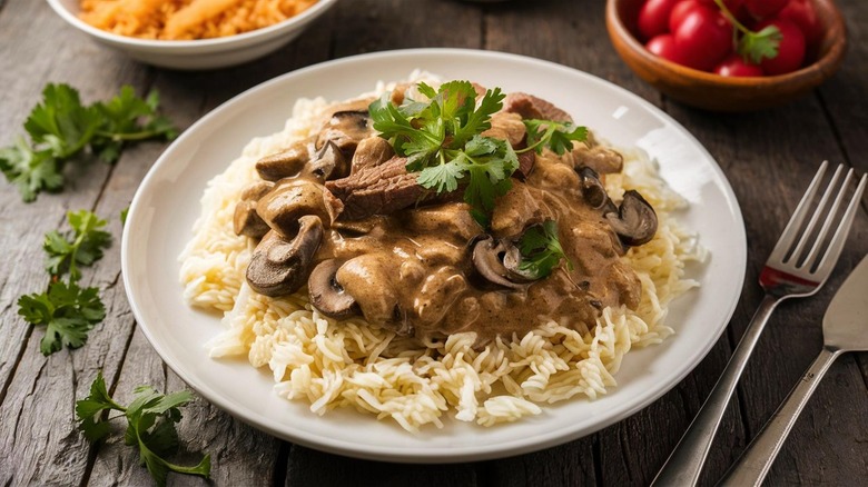 beef stroganoff topped rice