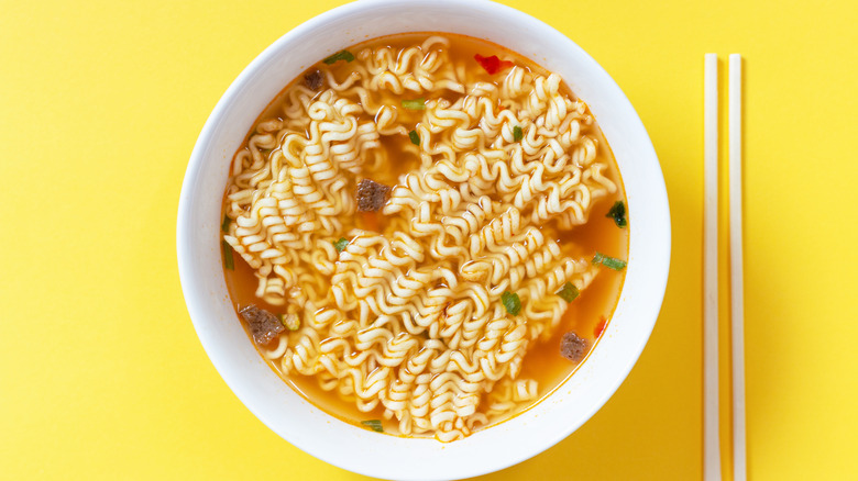 white bowl of cooked instant ramen