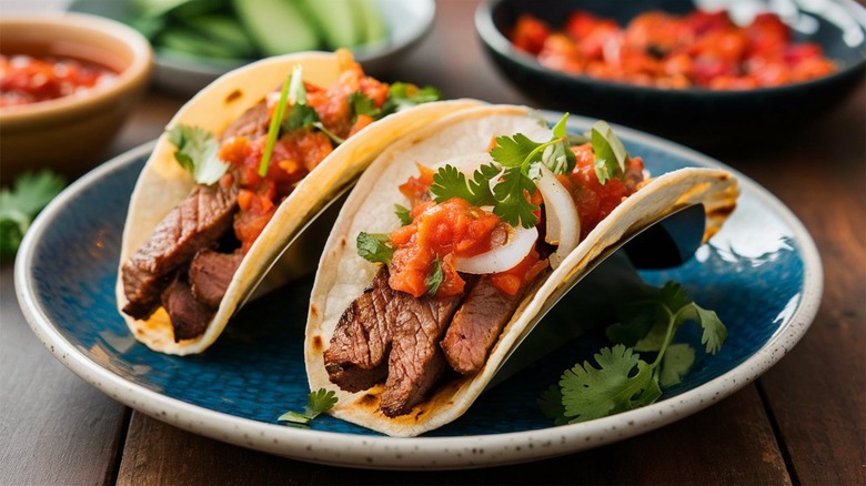 steak tacos garnised with salsa