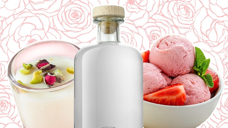 Bottle of rose water with desserts