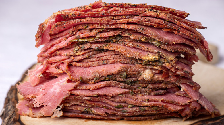 Pile of sliced corned beef