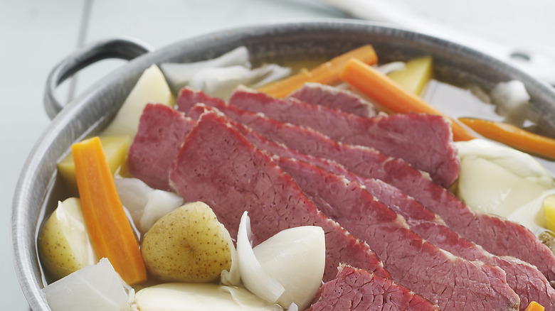 Pot with corned beef and vegetables