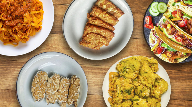 Plates of tempeh dishes on wooden background