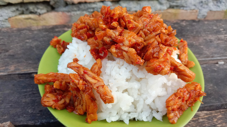 Crispy tempeh over white rice