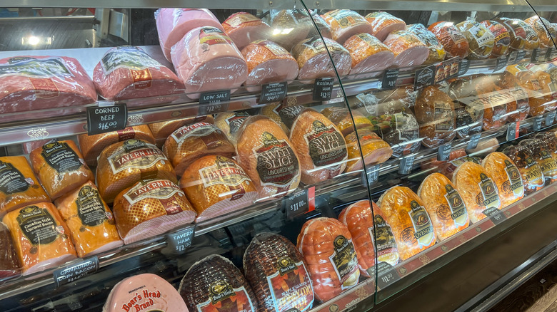 Varieties of processed deli meats in a supermarket