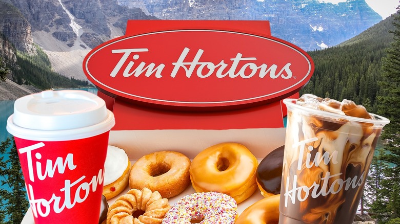 Tim Hortons logo, coffee, and donuts with a Canadian landscape in the background