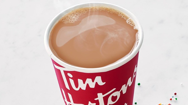 A piping hot Tim Hortons' Double-Double red cup