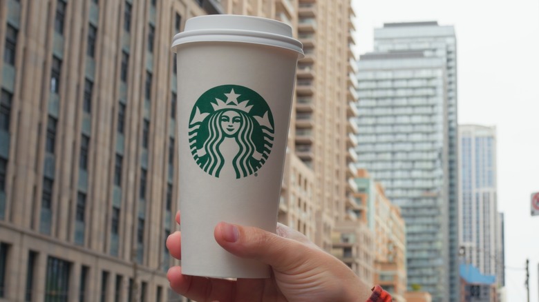 A hand holding a Starbucks cup in Toronto, Canada