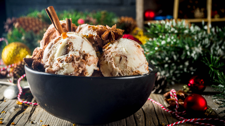 large Christmas ice cream sundae with holiday decor