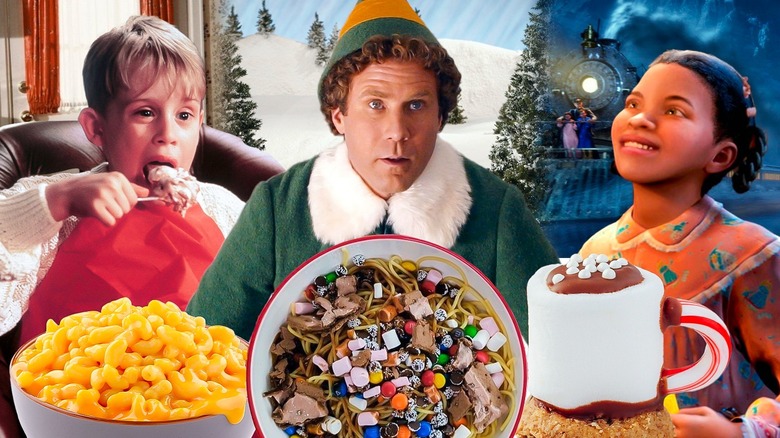 Home Alone, Elf, and Polar Express movie screenshots with different Christmas foods