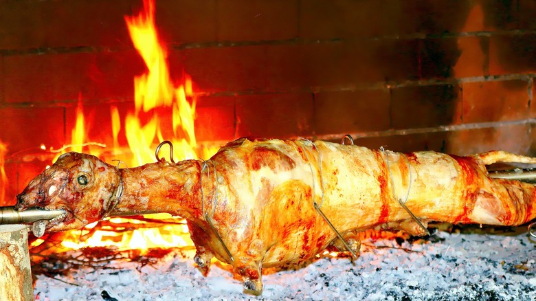 Lamb roasting on a spit