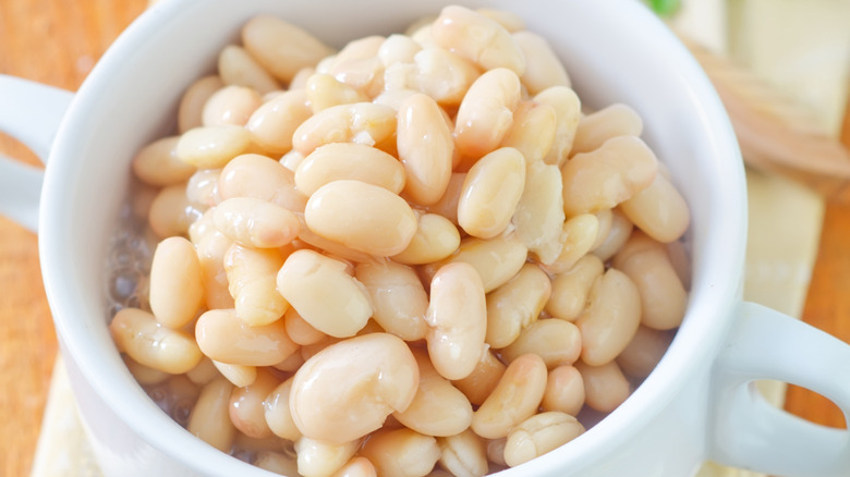 Cooked canned navy beans in white bowl