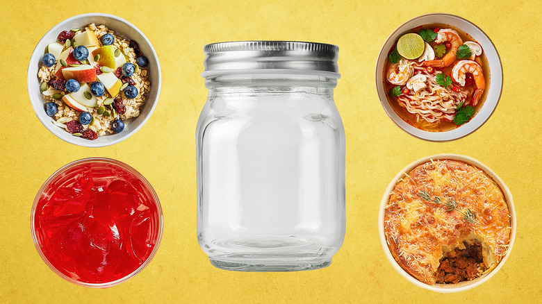 mason jar and four bowls of food on yellow background