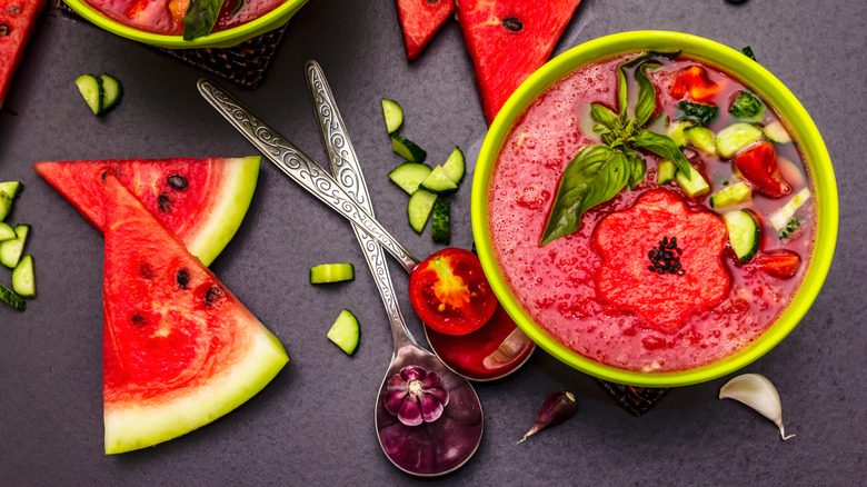 Spanish watermelon gazpacho and ingredients