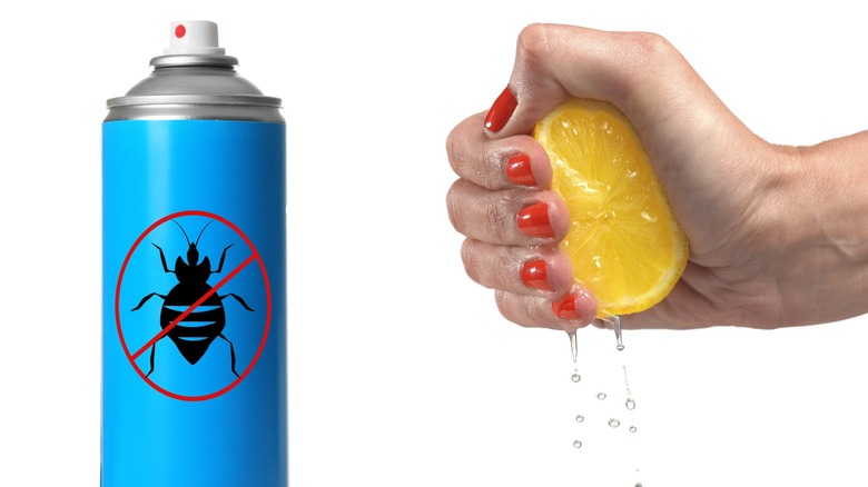 a split image of and insect repellent and a person squeezing lemon juice