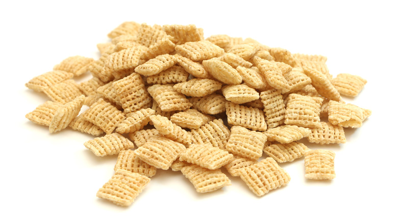 Pile of Chex on white background