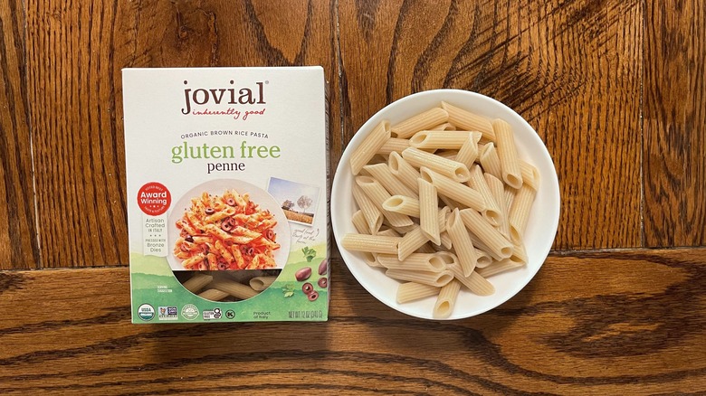 jovial pasta and box on wood table