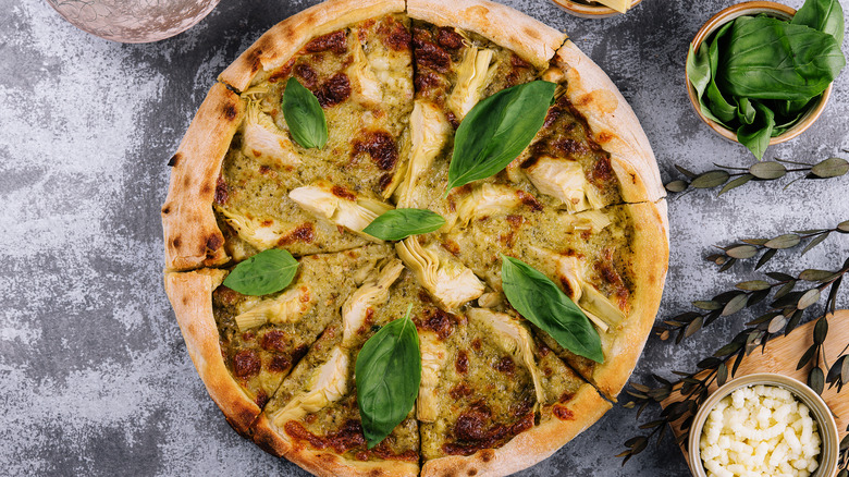 Artichoke and basil pizza