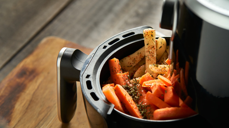 Vegetables cooking in air fryer