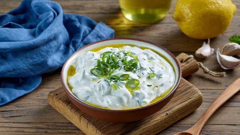 yogurt sauce with scallions, dill 