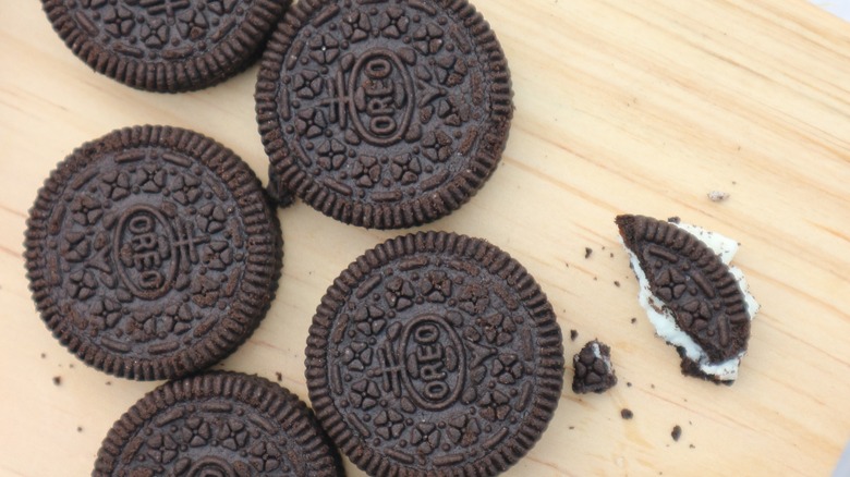 Oreo cookies on wooden surface