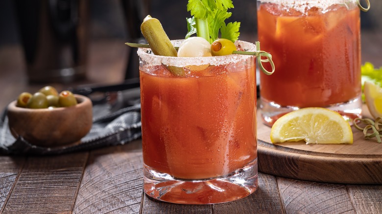 Bloody mary cocktail with garnishes