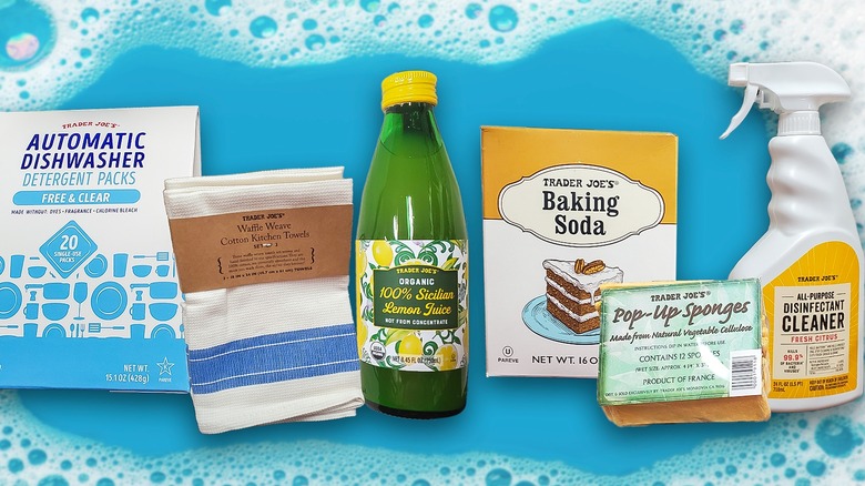 Collage of cleaning essential available at Trader Joe's