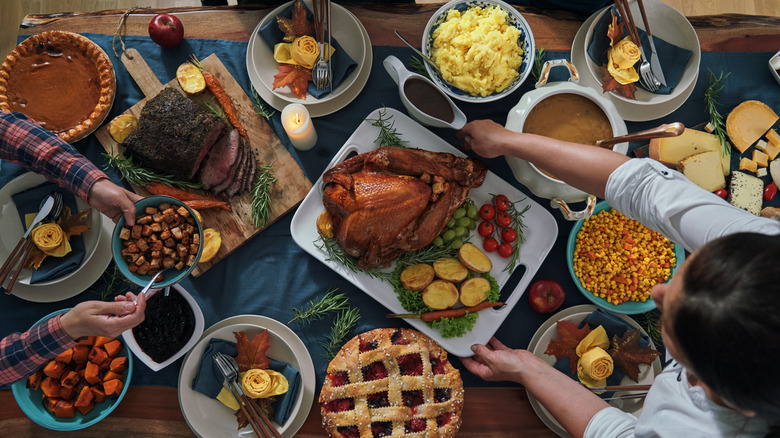 thanksgiving meal blue tablecloth