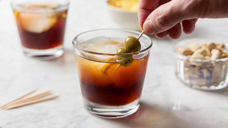 Vermouth cocktail glass with olives