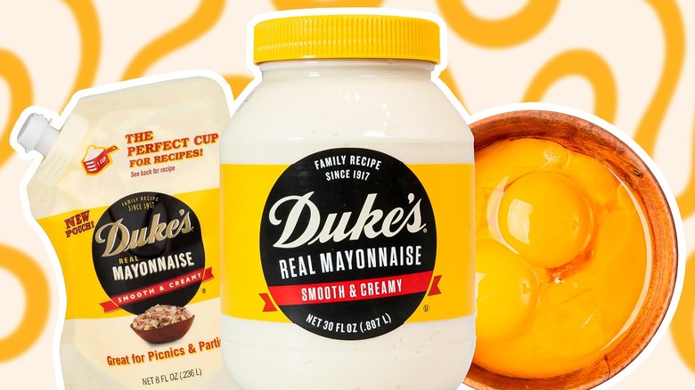 Two containers of Duke's mayonnaise with bowl of egg yolks