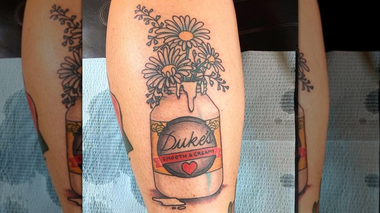 Duke's mayo tattoo on leg