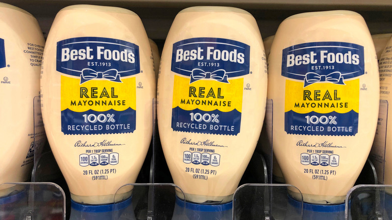 Bottles of Best Foods mayonnaise on supermarket shelf