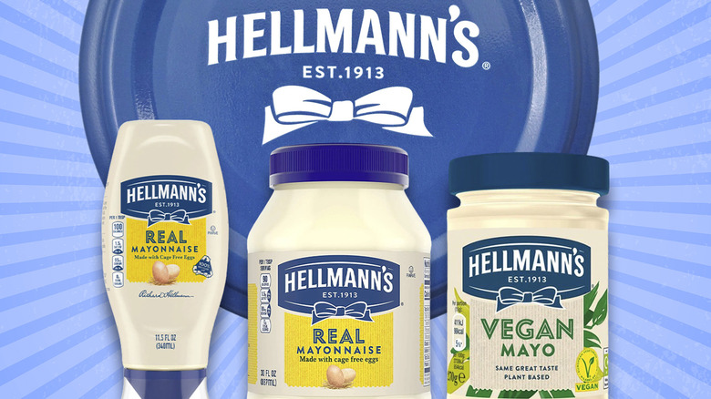 Various containers of Hellmann's mayonnaise with blue branded lid in background