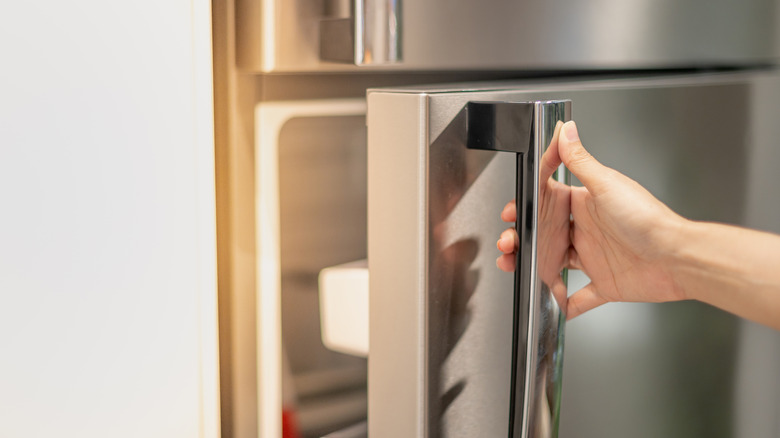 Hand opening fridge door