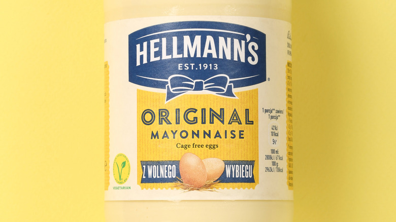 Close up of Hellmann's mayonnaise blue ribbon logo