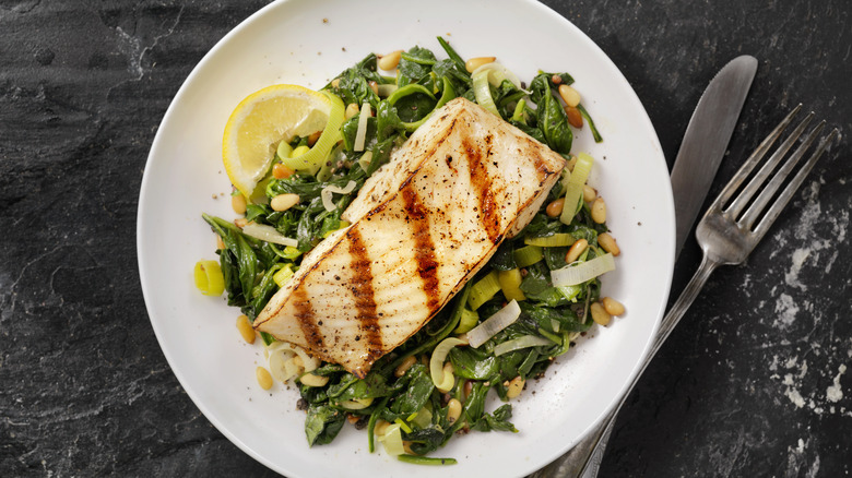 Grilled halibut with vegetables