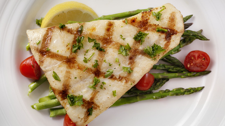 Grilled halibut with vegetables