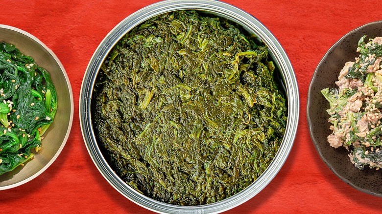 can of spinach and dishes