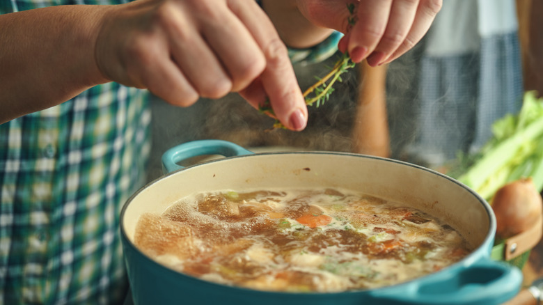 Herbs being added to soup