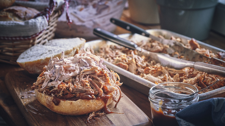 messy pulled pork sandwich dish 